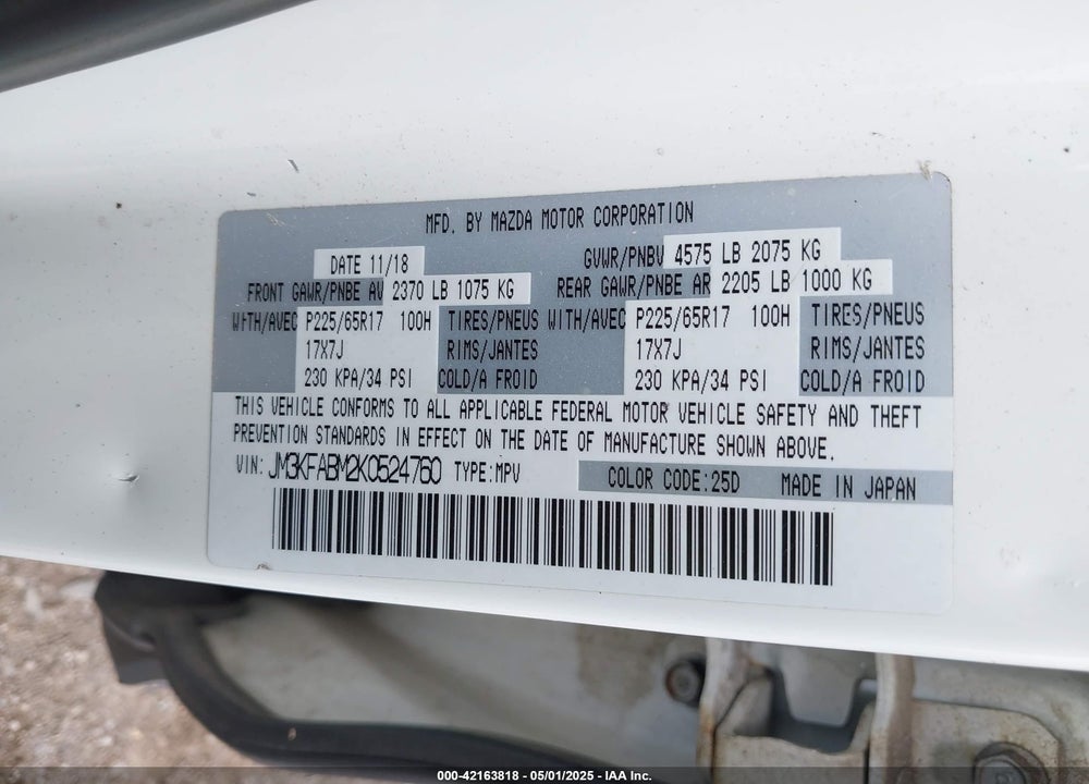 2019 MAZDA CX-5 VIN: JM3KFABM2K0524760