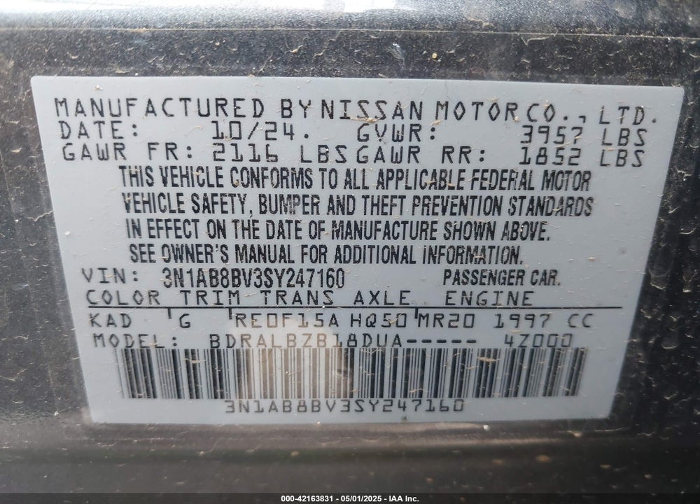 2025 NISSAN SENTRA VIN: 3N1AB8BV3SY247160