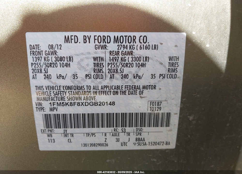 2013 FORD EXPLORER LIMITED VIN: 1FM5K8F8XDGB20148