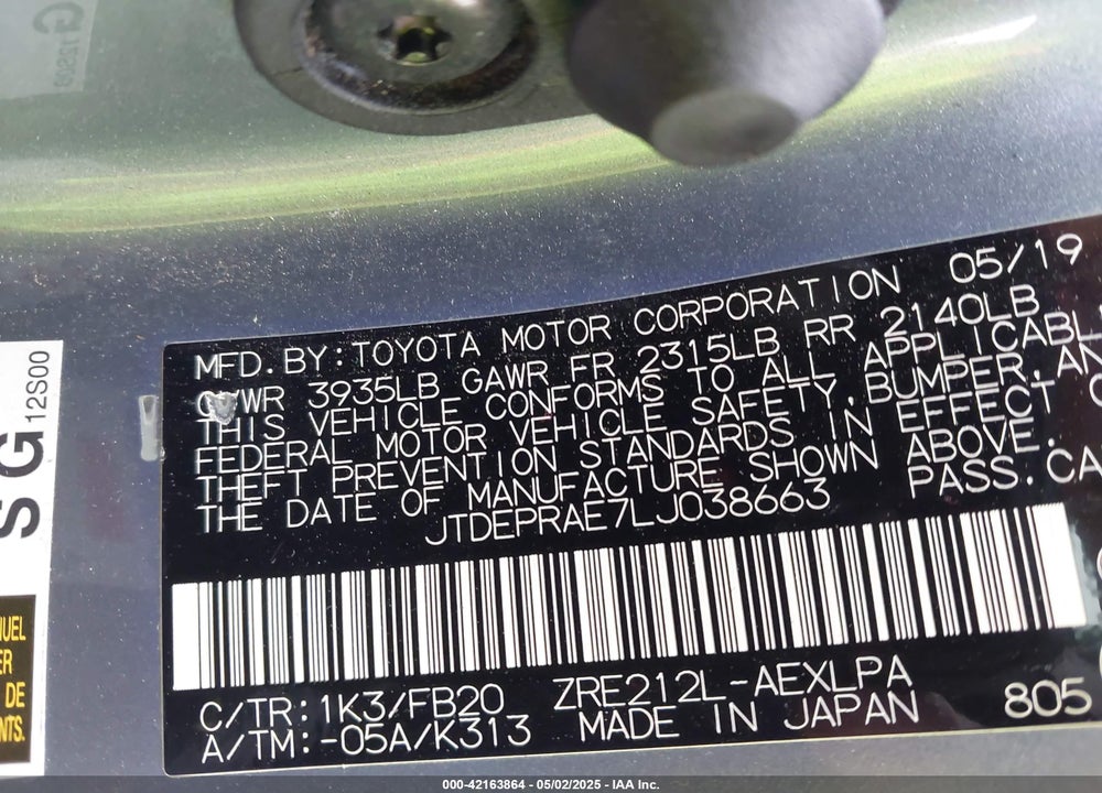 2020 TOYOTA COROLLA VIN: JTDEPRAE7LJ038663
