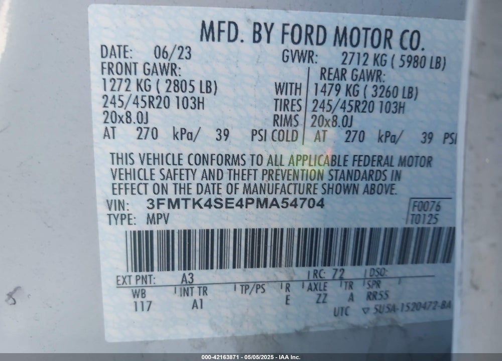 2023 FORD MUSTANG MACH-E VIN: 3FMTK4SE4PMA54704