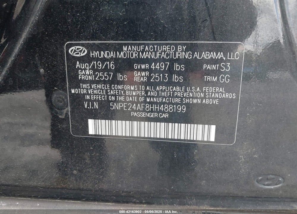 2017 HYUNDAI SONATA SE VIN: 5NPE24AF8HH488199
