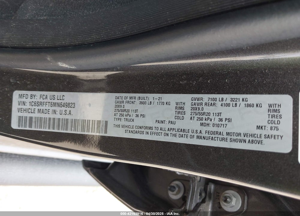 2021 RAM 1500 VIN: 1C6SRFFT6MN649823