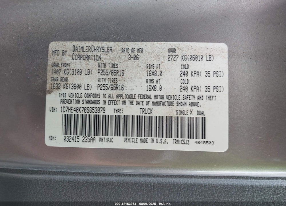 2006 DODGE DAKOTA SLT VIN: 1D7HE48K76S653879