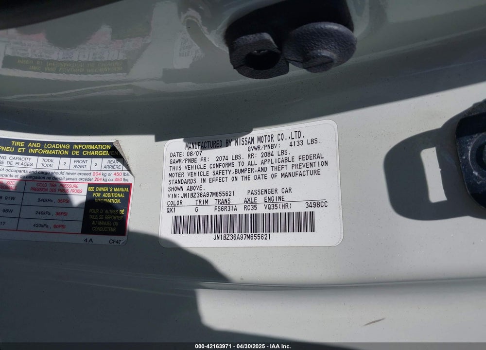 2007 NISSAN Z VIN: JN1BZ36A97M655621