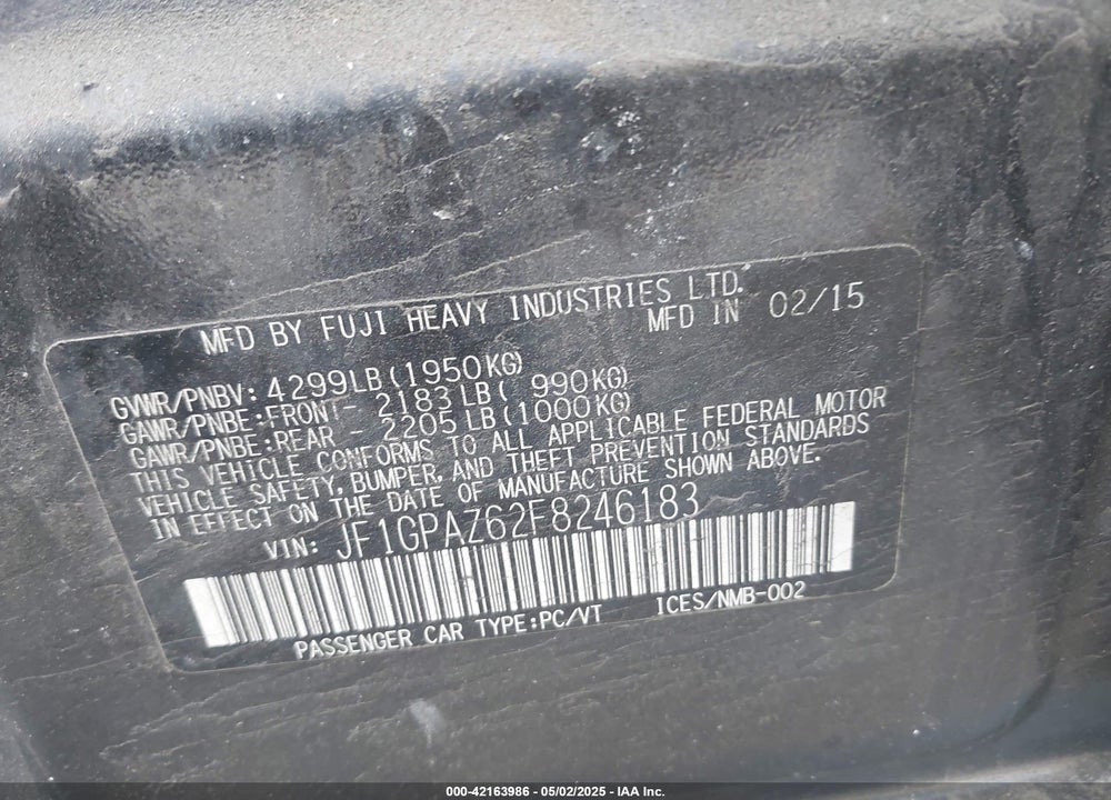 2015 SUBARU IMPREZA VIN: JF1GPAZ62F8246183