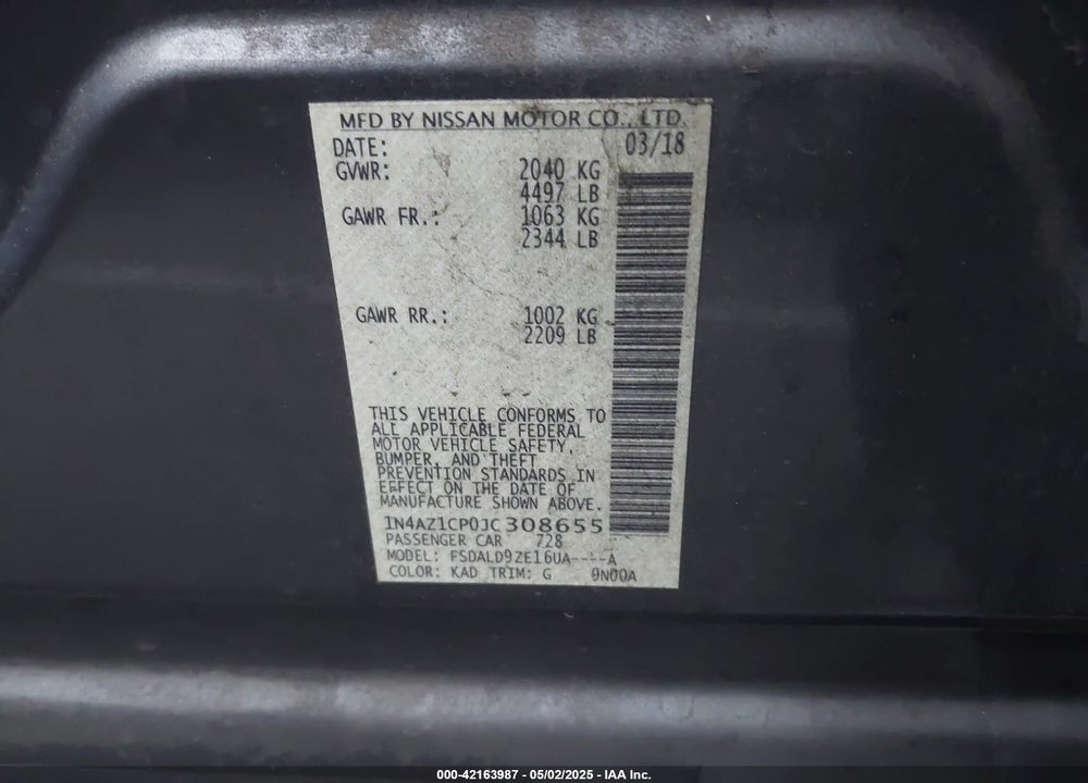 2018 NISSAN LEAF SV VIN: 1N4AZ1CP0JC308655