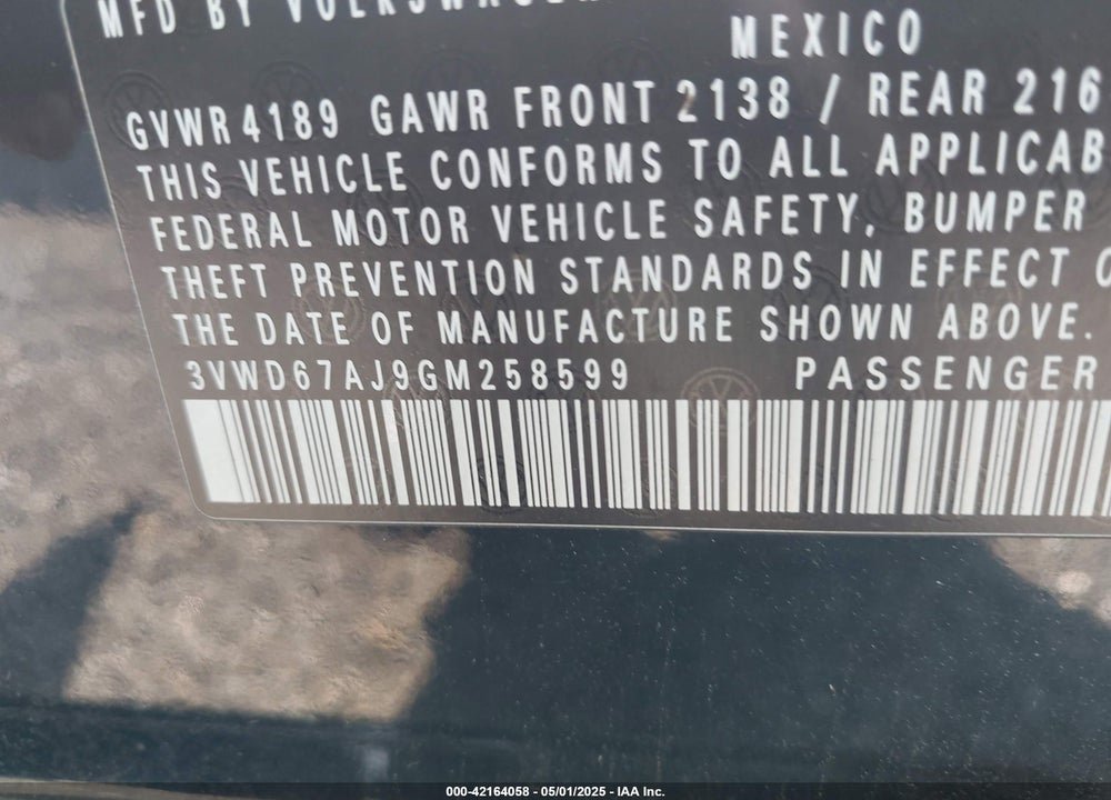 2016 VOLKSWAGEN JETTA VIN: 3VWD67AJ9GM258599