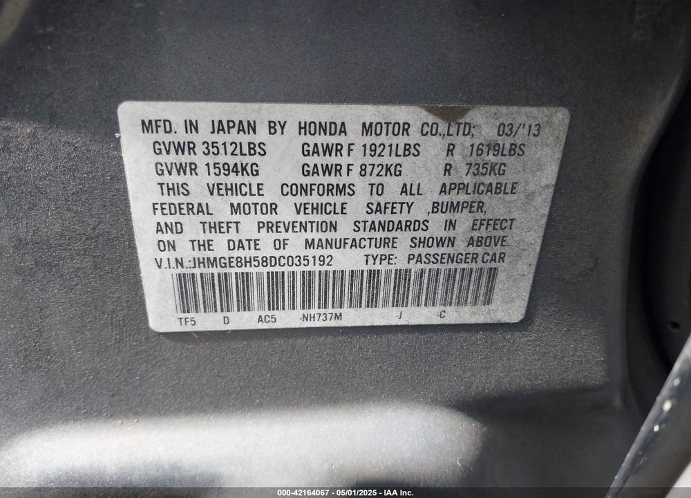 2013 HONDA FIT SPORT VIN: JHMGE8H58DC035192