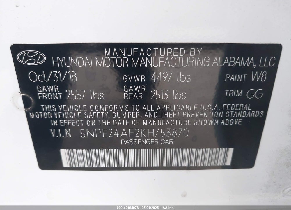 2019 HYUNDAI SONATA SE VIN: 5NPE24AF2KH753870