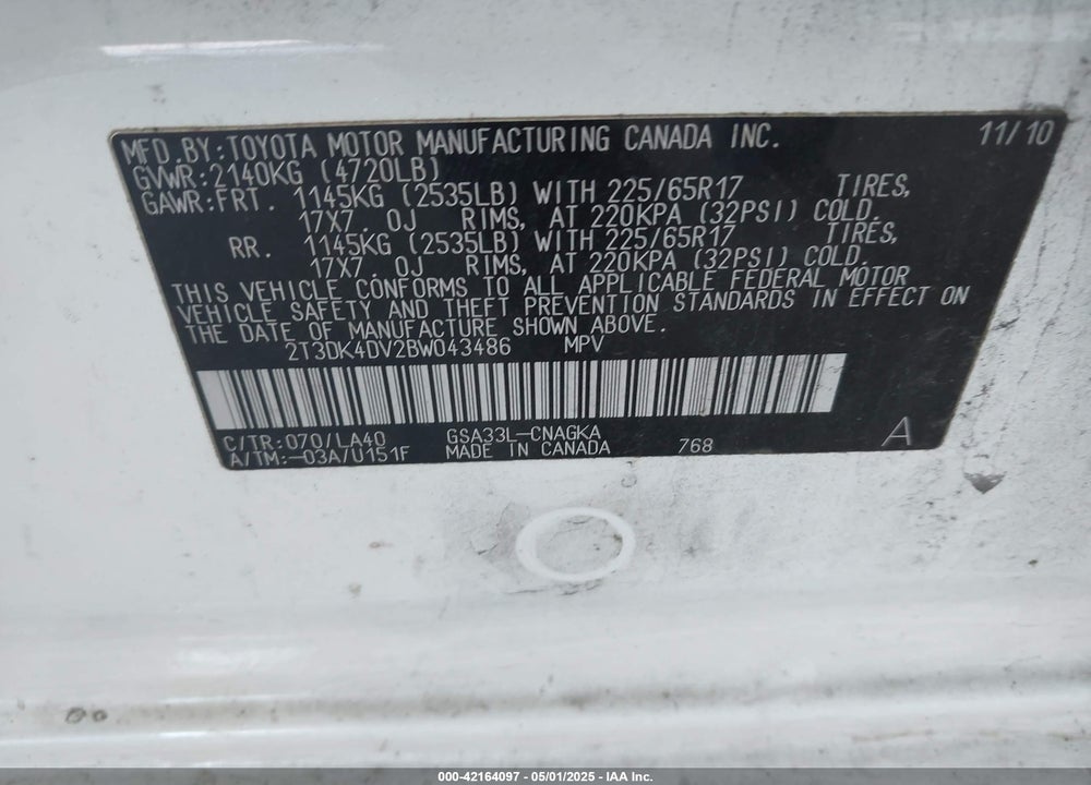 2011 TOYOTA RAV4 LIMITED V6 VIN: 2T3DK4DV2BW043486