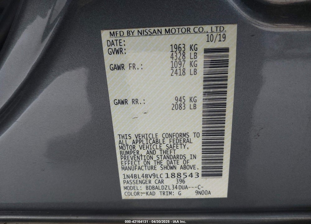 2020 NISSAN ALTIMA VIN: 1N4BL4BV9LC188543