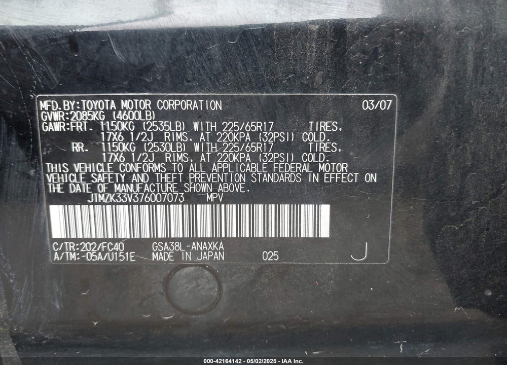 2007 TOYOTA RAV4 BASE V6 VIN: JTMZK33V376007073