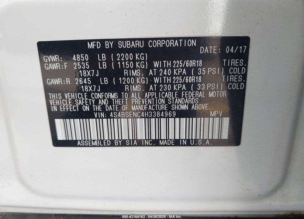 2017 SUBARU OUTBACK VIN: 4S4BSENC4H3384969