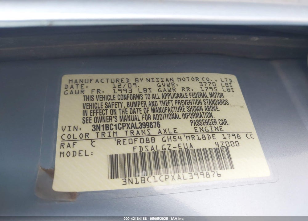 2010 NISSAN VERSA 1.8SL VIN: 3N1BC1CPXAL399876