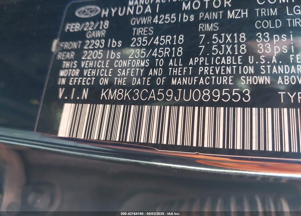 2018 HYUNDAI KONA VIN: KM8K3CA59JU089553