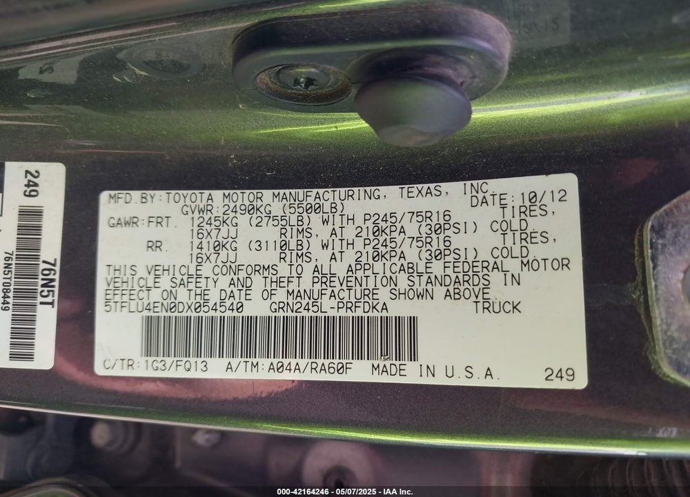 2013 TOYOTA TACOMA BASE V6 VIN: 5TFLU4EN0DX054540