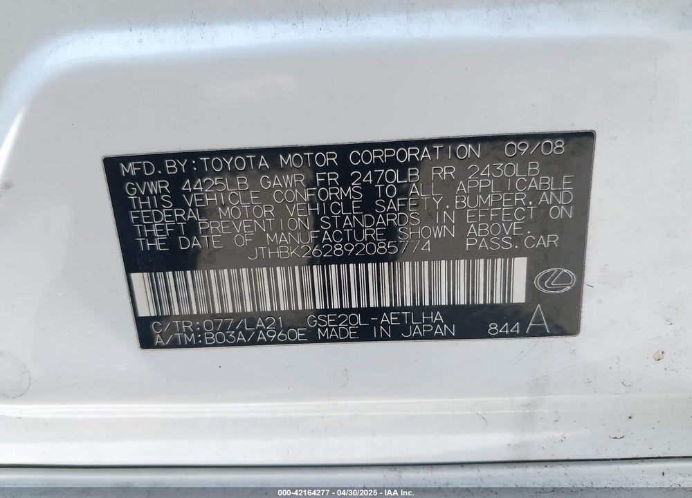 2009 LEXUS IS 250 VIN: JTHBK262892085774