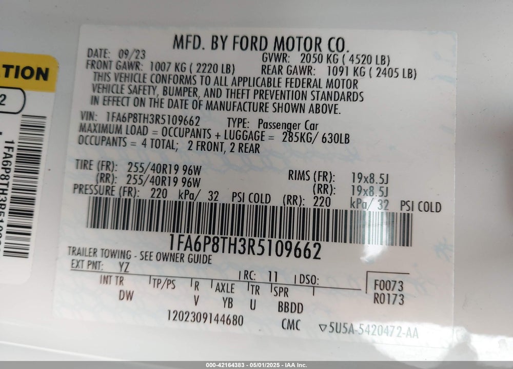 2024 FORD MUSTANG ECOBOOST FASTBACK VIN: 1FA6P8TH3R5109662