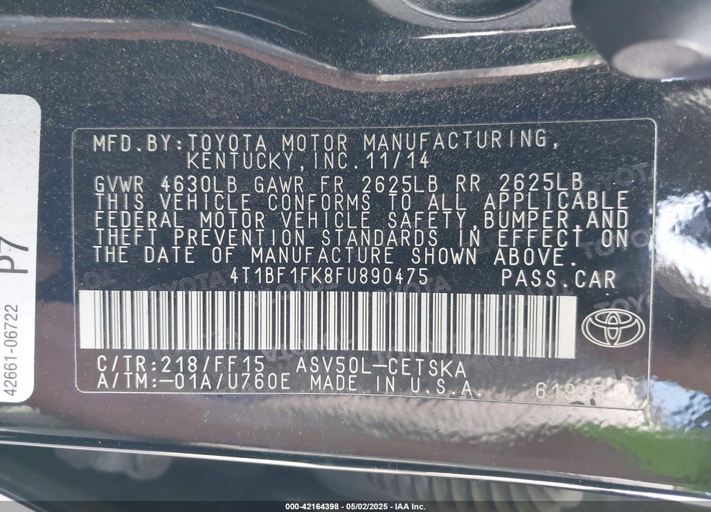 2015 TOYOTA CAMRY SE VIN: 4T1BF1FK8FU890475