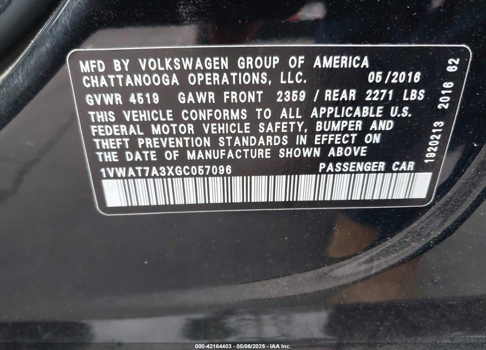 2016 VOLKSWAGEN PASSAT 1.8T S VIN: 1VWAT7A3XGC057096