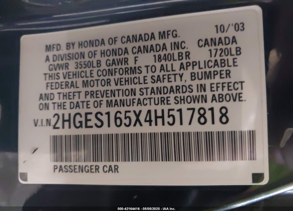 2004 HONDA CIVIC LX VIN: 2HGES165X4H517818