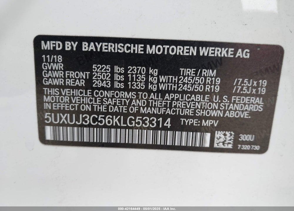 2019 BMW X4 VIN: 5UXUJ3C56KLG53314
