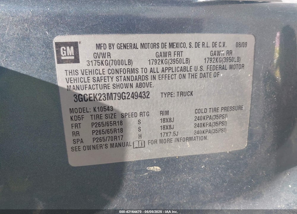 2009 CHEVROLET SILVERADO 1500 LT VIN: 3GCEK23M79G249432