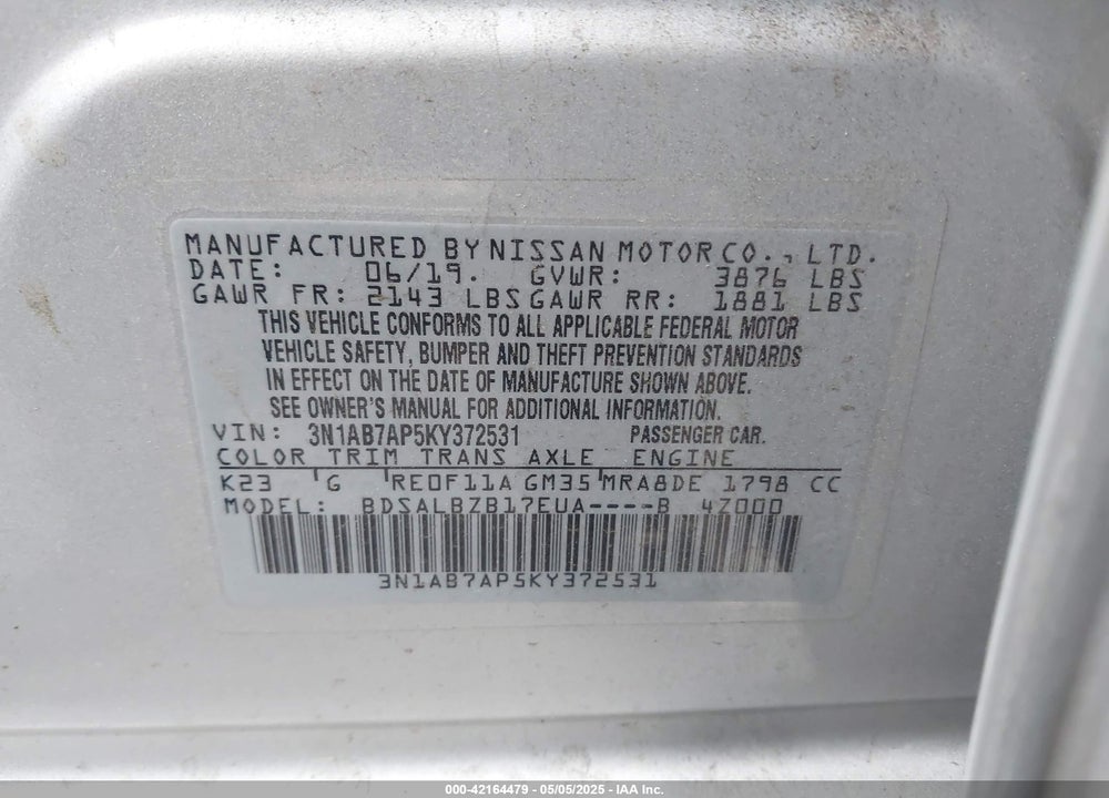 2019 NISSAN SENTRA VIN: 3N1AB7AP5KY372531