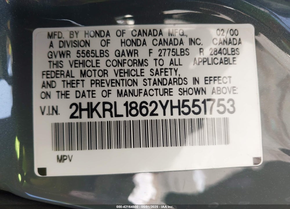 2000 HONDA ODYSSEY EX VIN: 2HKRL1862YH551753