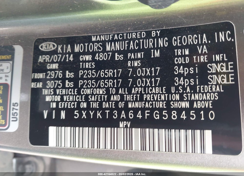 2015 KIA SORENTO LX VIN: 5XYKT3A64FG584510