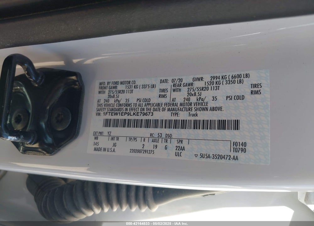 2020 FORD F-150 XL VIN: 1FTEW1EP9LKE79673