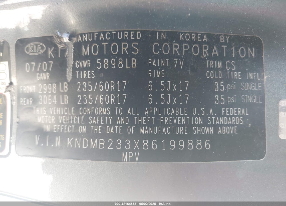 2008 KIA SEDONA VIN: KNDMB233X86199886