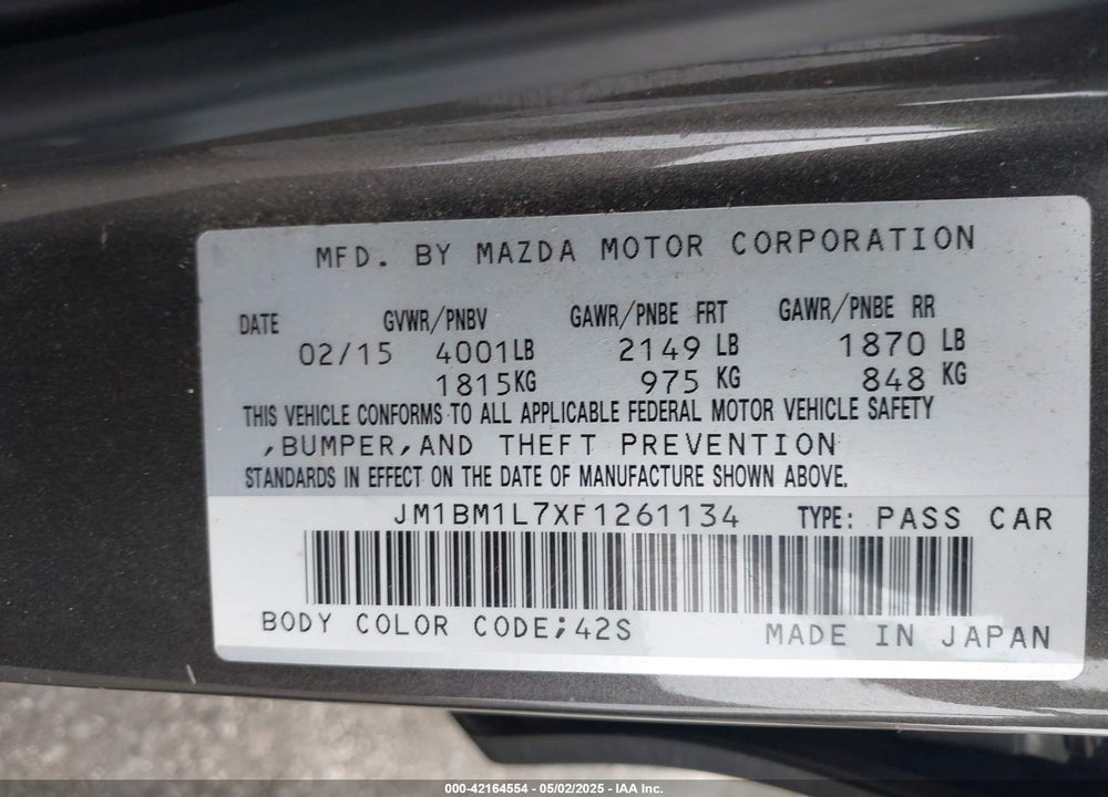2015 MAZDA 3 I TOURING VIN: JM1BM1L7XF1261134