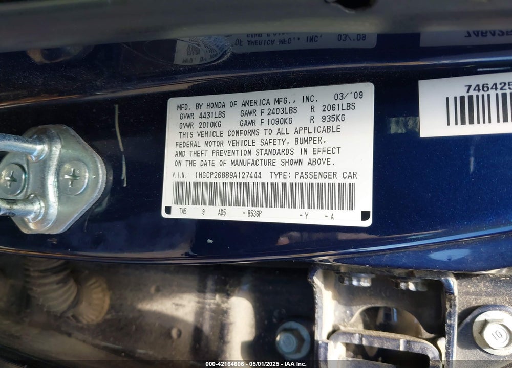 2009 HONDA ACCORD VIN: 1HGCP26889A127444