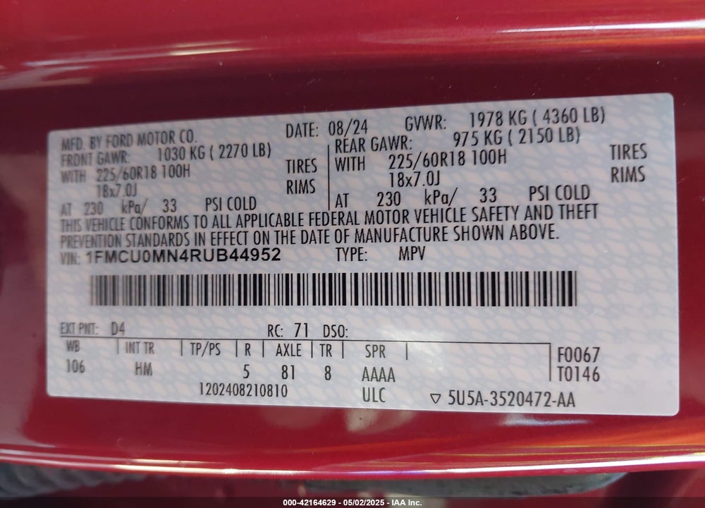 2024 FORD ESCAPE VIN: 1FMCU0MN4RUB44952