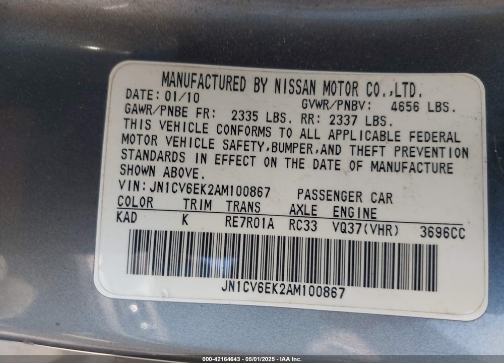 2010 INFINITI G37 VIN: JN1CV6EK2AM100867