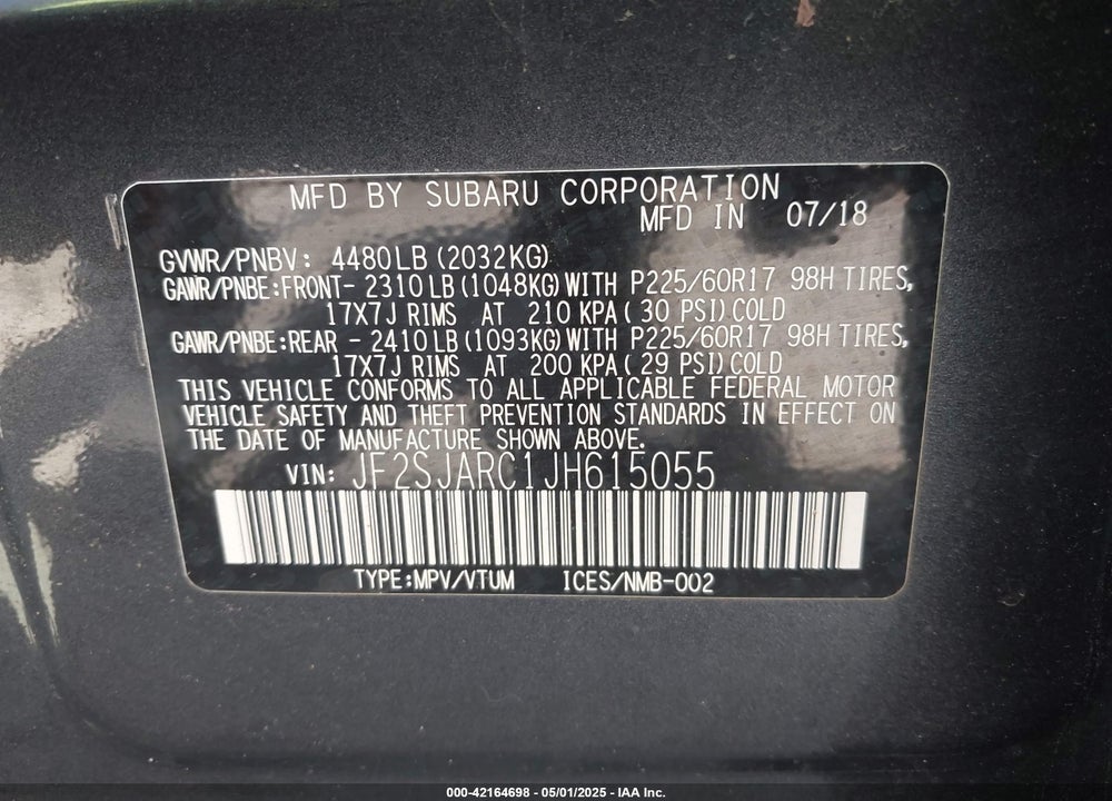2018 SUBARU FORESTER VIN: JF2SJARC1JH615055