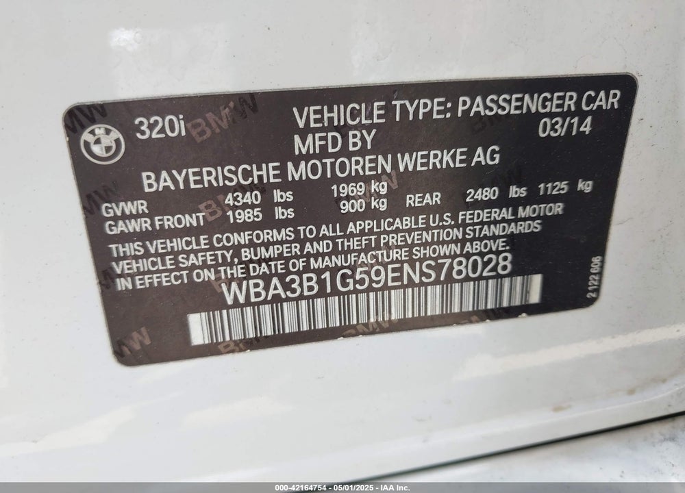 2014 BMW 320I VIN: WBA3B1G59ENS78028