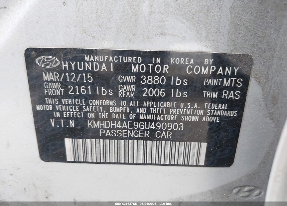 2016 HYUNDAI ELANTRA SE VIN: KMHDH4AE9GU490903