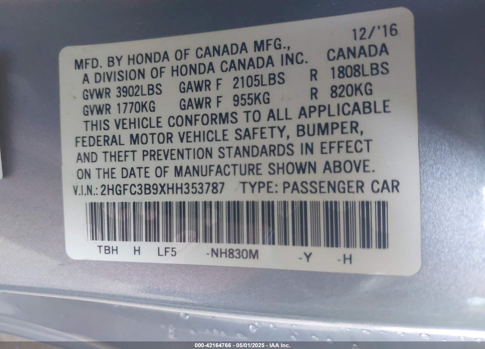 2017 HONDA CIVIC TOURING VIN: 2HGFC3B9XHH353787