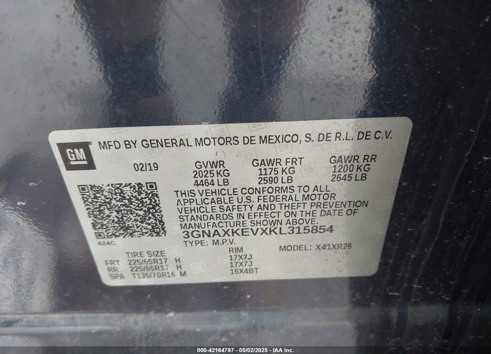 2019 CHEVROLET EQUINOX VIN: 3GNAXKEVXKL315854