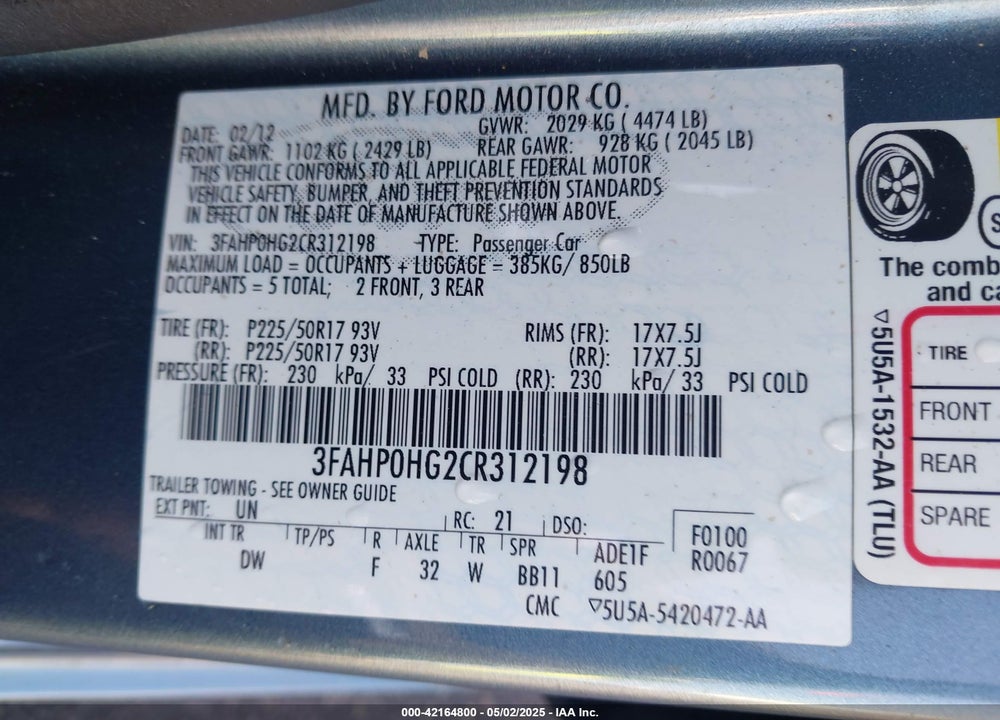 2012 FORD FUSION VIN: 3FAHP0HG2CR312198