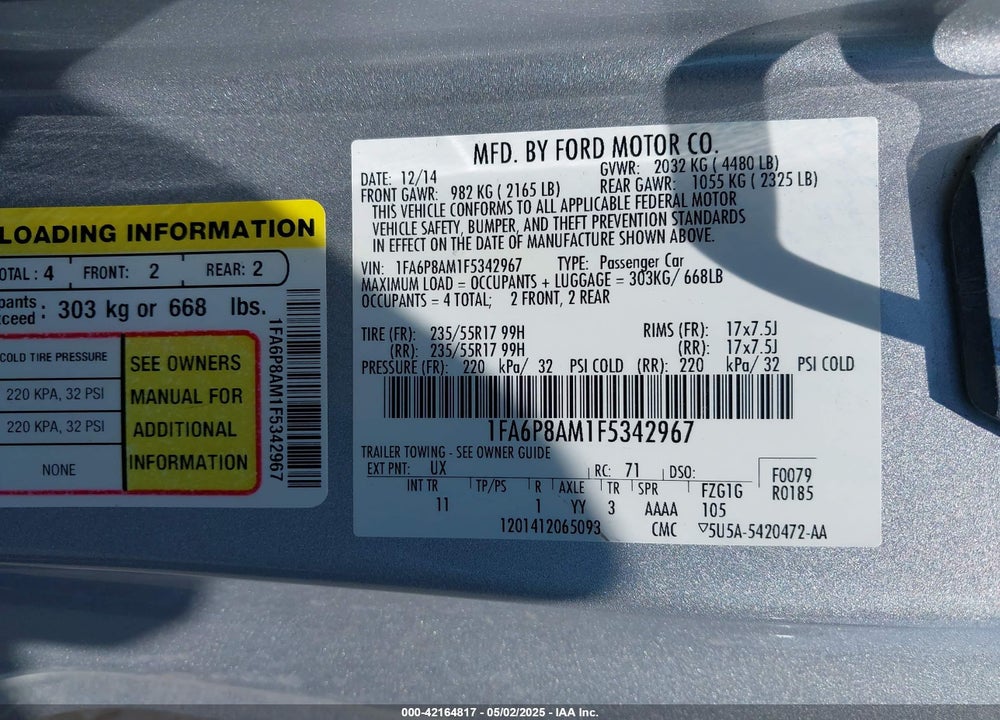 2015 FORD MUSTANG VIN: 1FA6P8AM1F5342967