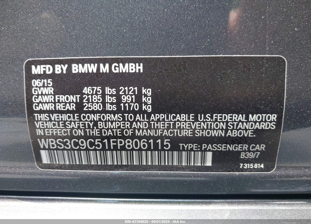 2015 BMW M3 VIN: WBS3C9C51FP806115