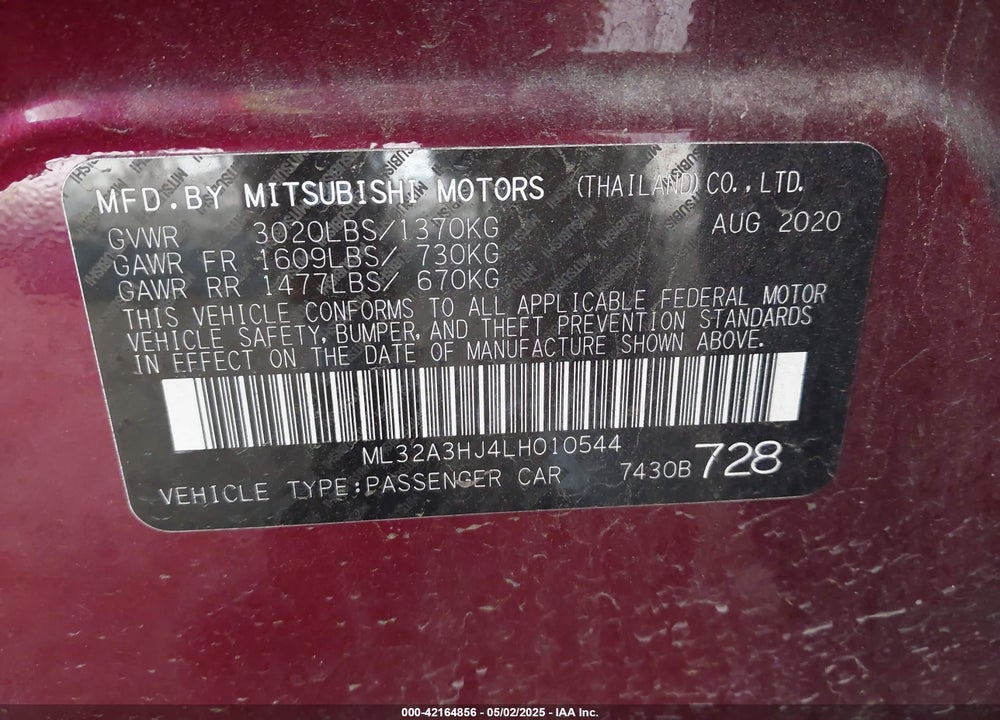 2020 MITSUBISHI MIRAGE VIN: ML32A3HJ4LH010544