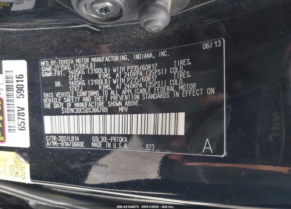 2013 TOYOTA SIENNA XLE V6 8 PASSENGER VIN: 5TDYK3DC5DS386789