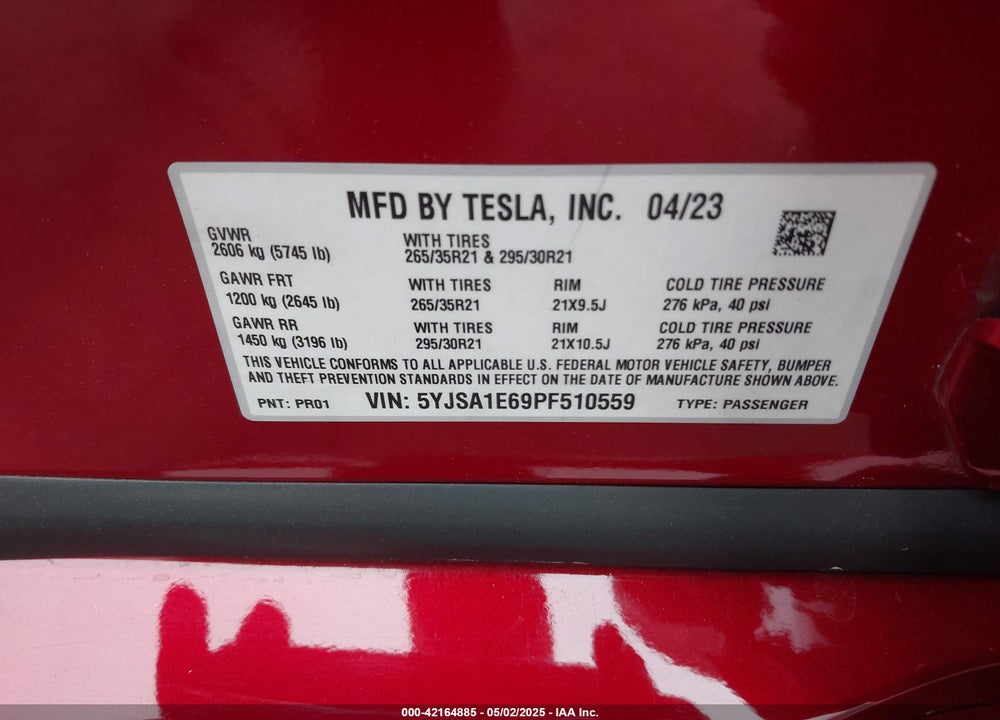 2023 TESLA MODEL S PLAID TRI MOTOR ALL-WHEEL DRIVE VIN: 5YJSA1E69PF510559
