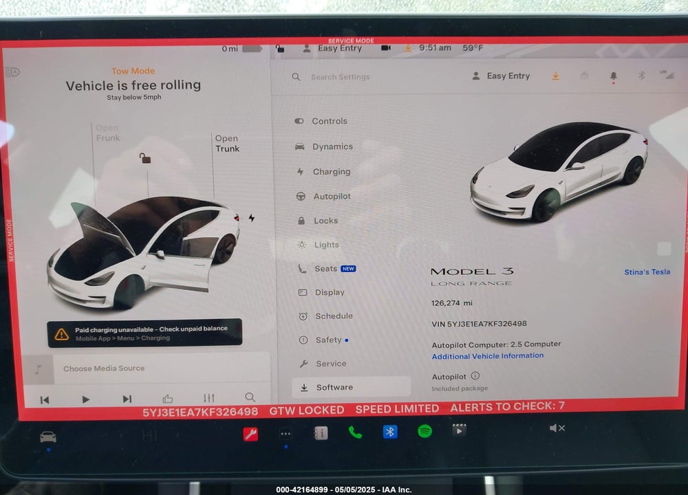 2019 TESLA MODEL 3 LONG RANGE/MID RANGE/STANDARD RANGE/STANDARD RANGE PLUS VIN: 5YJ3E1EA7KF326498