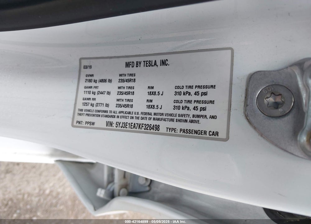 2019 TESLA MODEL 3 LONG RANGE/MID RANGE/STANDARD RANGE/STANDARD RANGE PLUS VIN: 5YJ3E1EA7KF326498